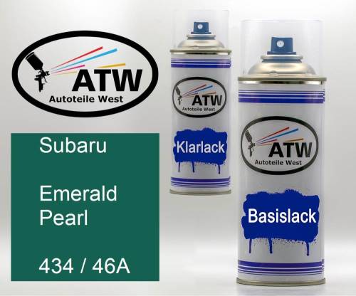 Subaru, Emerald Pearl, 434 / 46A: 400ml Sprühdose + 400ml Klarlack - Set, von ATW Autoteile West.